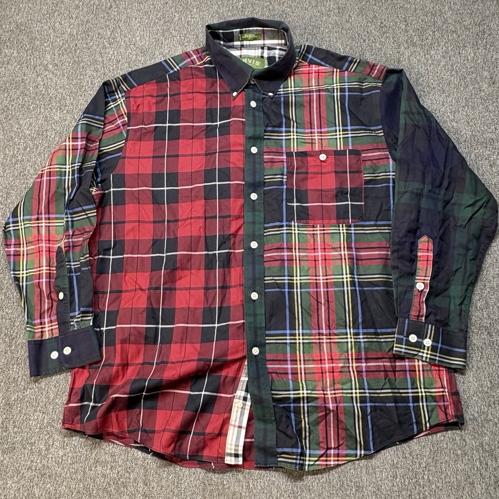 Vintage 90s Orvis Madras Plaid Patchwork Shirt Men's XL Button Down 100% Cotton